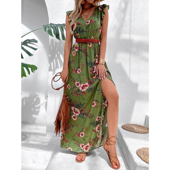 boho Floral Print Ruffle Trim Slit Thigh maxi Dress (Without Belt) - Picture 5 of 11